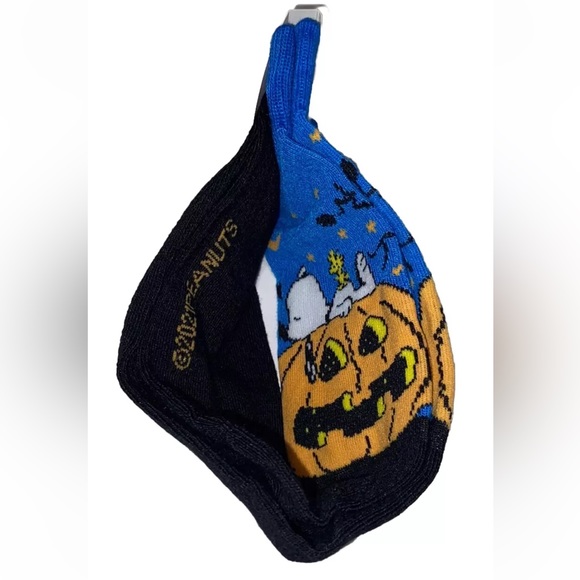 Peanuts Snoopy Crew Socks 1 Pair Men 6.5-12 Blue Orange w Pumpkin Halloween NEW! - Picture 6 of 9